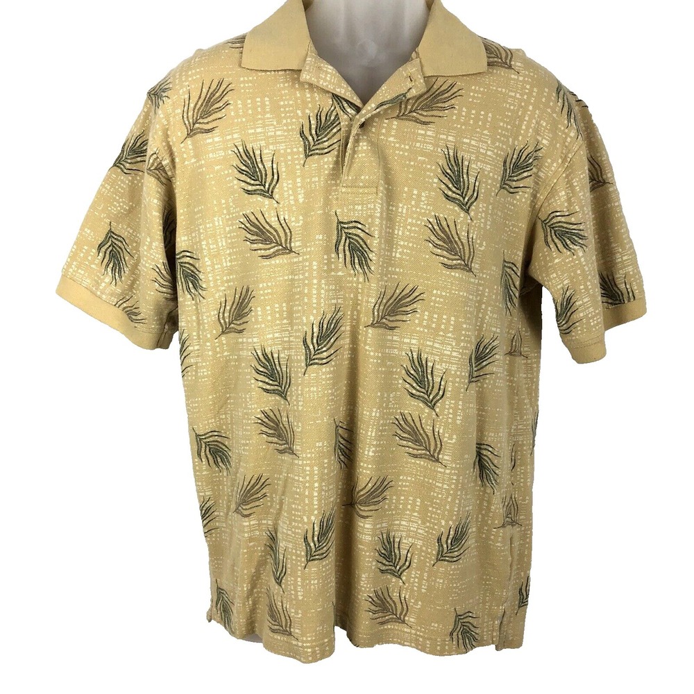 IZOD Polo Shirt Mens M Gold Palm Leaf‎ 100% Cotton Side Slits Vacation dadcore